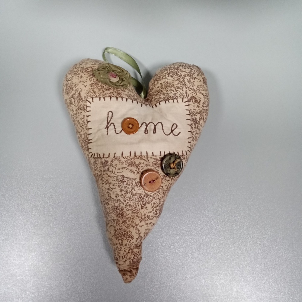 Handmade Primitive Fabric Heart Ornament Toile Print Home Button Accent Tan 9.5"